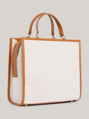 beige mittelgroße satchel aus canvas mit leder für damen - tommy hilfiger