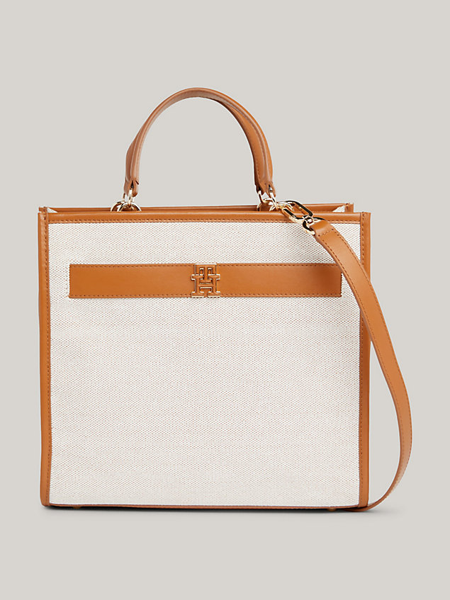 beige canvas leather trim medium satchel for women tommy hilfiger