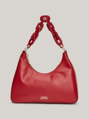 TH Soft Leather Chain Link Strap Shoulder Bag Red Tommy Hilfiger