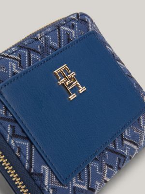 cartera de lona en jacquard con cremallera azul de mujeres tommy hilfiger