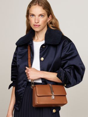 borsa a tracolla in pelle con catenella marrone da donne tommy hilfiger