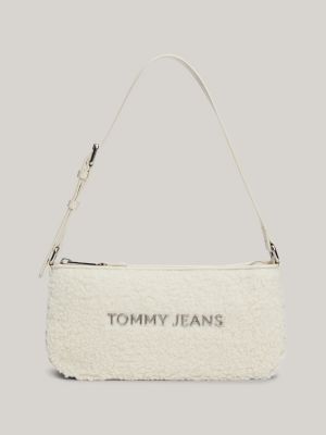 white essential logo sherpa shoulder bag for women tommy jeans