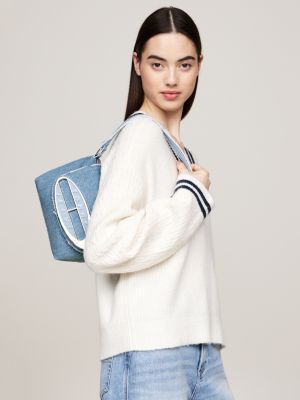 borsa exclusive in denim con placchetta origin blu da donne tommy jeans