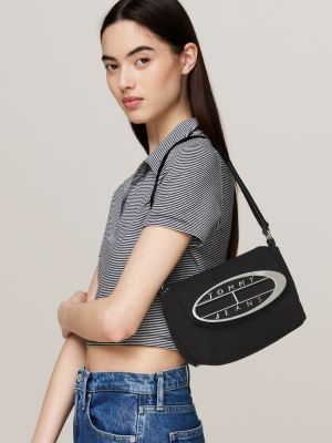 black exclusive origin plaque denim shoulder bag for women tommy jeans