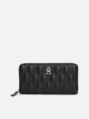 black quilted leren portemonnee met rits voor dames - tommy hilfiger