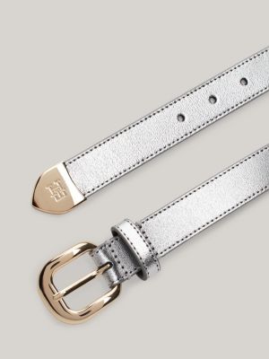 grey rounded buckle metallic leather belt for women tommy hilfiger