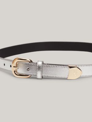 grey rounded buckle metallic leather belt for women tommy hilfiger