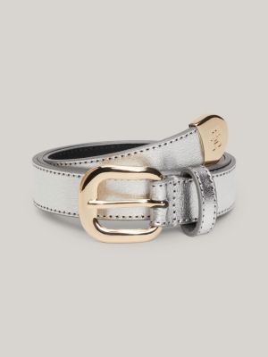 grey rounded buckle metallic leather belt for women tommy hilfiger