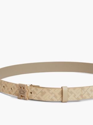 cinturón de piel con logo beige de mujeres tommy hilfiger