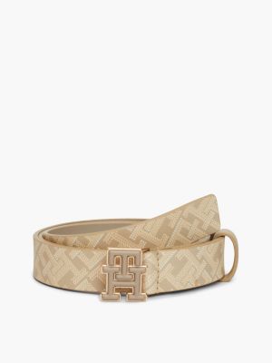 beige leren riem met monogramprint voor dames - tommy hilfiger