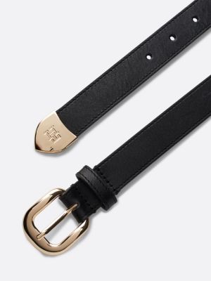 zwart leren riem met afgeronde gesp en th-monogram voor dames - tommy hilfiger