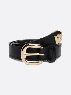 zwart leren riem met afgeronde gesp en th-monogram voor dames - tommy hilfiger