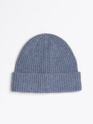 blauw ribgebreide beanie van zuiver kasjmier voor dames - tommy hilfiger