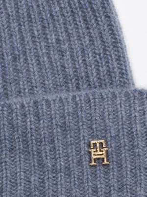 blauw ribgebreide beanie van zuiver kasjmier voor dames - tommy hilfiger