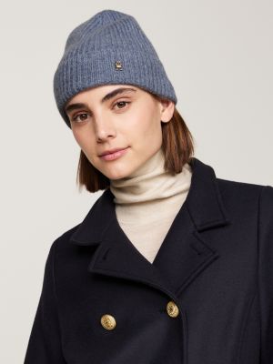 blauw ribgebreide beanie van zuiver kasjmier voor dames - tommy hilfiger