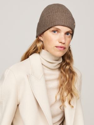 brown pure cashmere rib-knit beanie for women tommy hilfiger