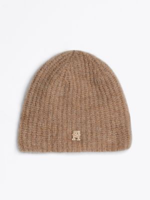 brown th monogram alpaca blend beanie for women tommy hilfiger