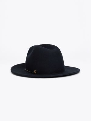 blue pure wool metal hatband fedora for women tommy hilfiger