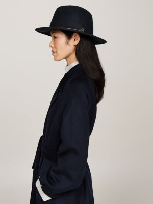 blue pure wool metal hatband fedora for women tommy hilfiger