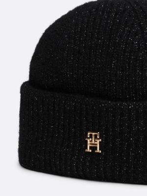 black th monogram beanie with wool for women tommy hilfiger