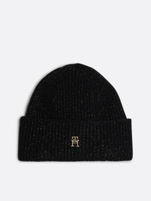 black th monogram beanie with wool for women tommy hilfiger