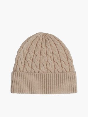 beige th monogram cable knit beanie for women tommy hilfiger