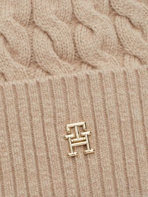 beige beanie mit th-monogramm und zopfmuster für damen - tommy hilfiger