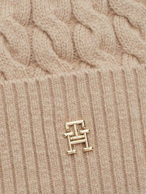 beige th monogram cable knit beanie for women tommy hilfiger