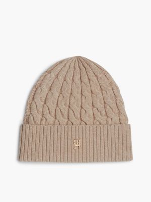 beige th monogram cable knit beanie for women tommy hilfiger