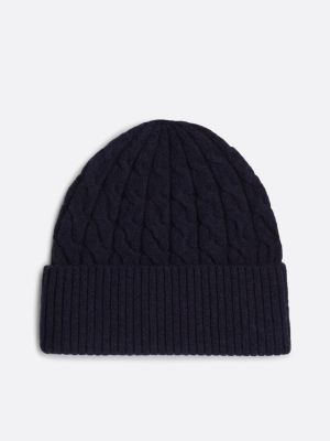 blue th monogram cable knit beanie for women tommy hilfiger