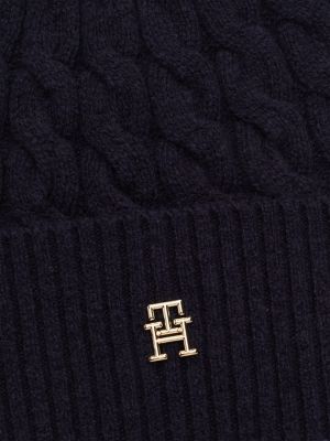 blue th monogram cable knit beanie for women tommy hilfiger