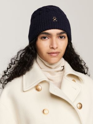 blue th monogram cable knit beanie for women tommy hilfiger