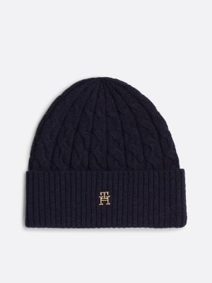 blau beanie mit th-monogramm und zopfmuster für damen - tommy hilfiger