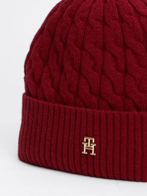 rosa beanie mit th-monogramm und zopfmuster für damen - tommy hilfiger