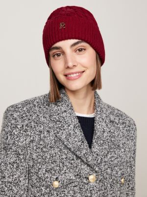 rosa beanie mit th-monogramm und zopfmuster für damen - tommy hilfiger