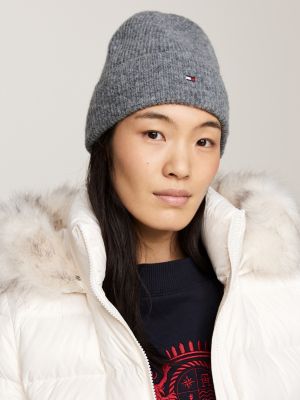 grey essential flag fuzzy beanie for women tommy hilfiger