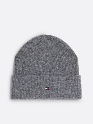 szary puszysta czapka beanie essential z flagą dla kobiety - tommy hilfiger