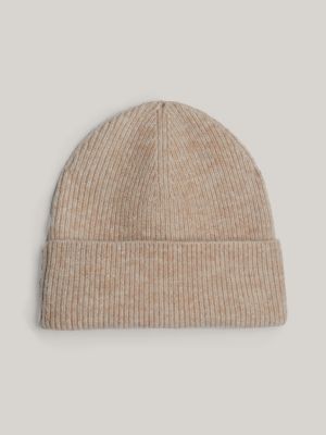 beige essential flag fuzzy beanie for women tommy hilfiger