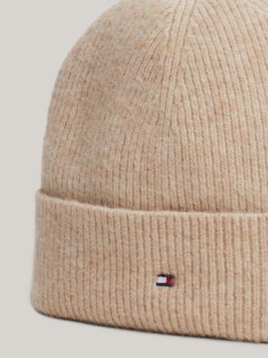 beige essential flag fuzzy beanie for women tommy hilfiger