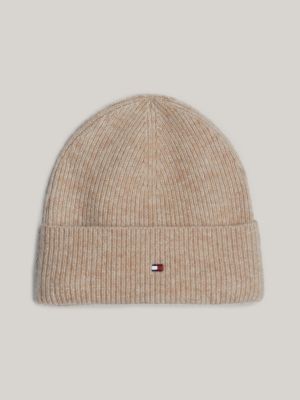 beige essential flag fuzzy beanie for women tommy hilfiger