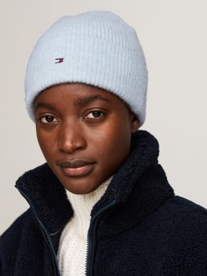 blue essential flag fuzzy beanie for women tommy hilfiger