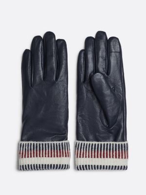 black leather rib-knit cuff gloves for women tommy hilfiger