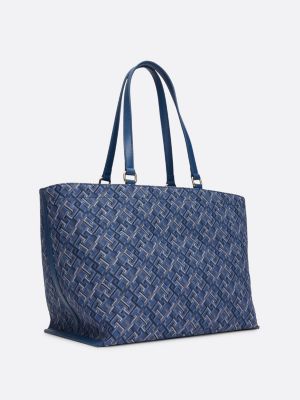 bolso tote de lona con monogramas en jacquard azul de mujeres tommy hilfiger