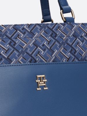 bolso tote de lona con monogramas en jacquard azul de mujeres tommy hilfiger