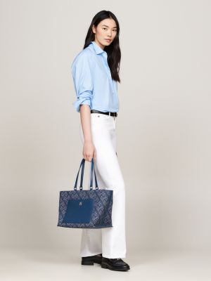 bolso tote de lona con monogramas en jacquard azul de mujeres tommy hilfiger