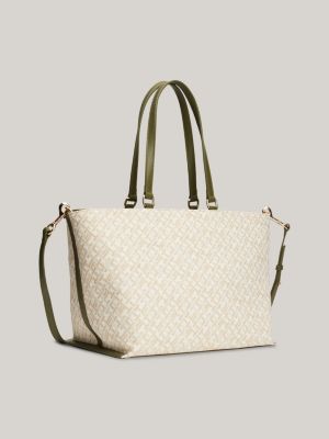 bolso tote de lona con monogramas en jacquard verde de mujeres tommy hilfiger