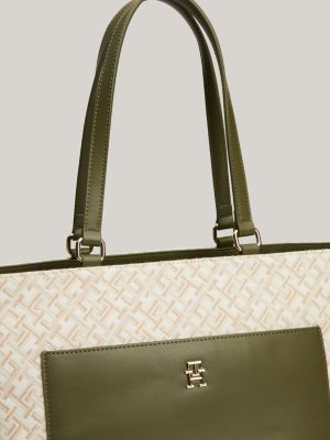 bolso tote de lona con monogramas en jacquard verde de mujeres tommy hilfiger