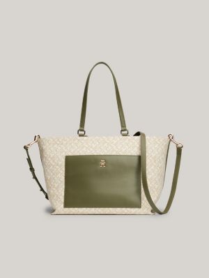 bolso tote de lona con monogramas en jacquard verde de mujeres tommy hilfiger