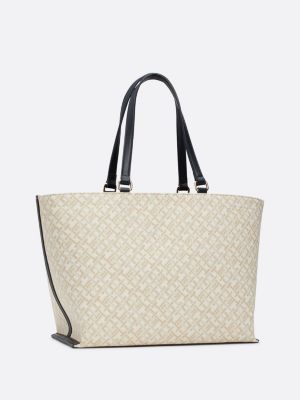 bolso tote de lona con monogramas en jacquard azul de mujeres tommy hilfiger