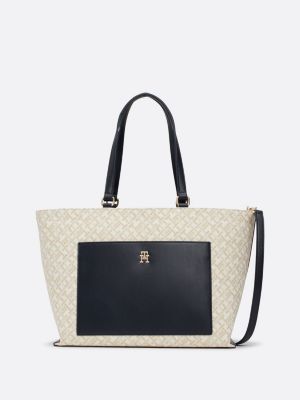 bolso tote de lona con monogramas en jacquard azul de mujeres tommy hilfiger